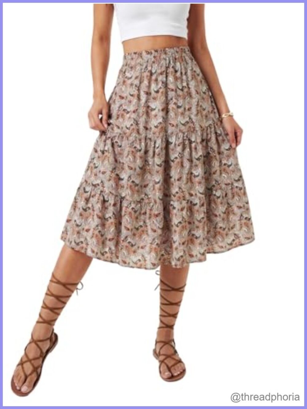 Womens Floral Paisley Tiered Ruffle A-Line Midi Skirt with Pockets